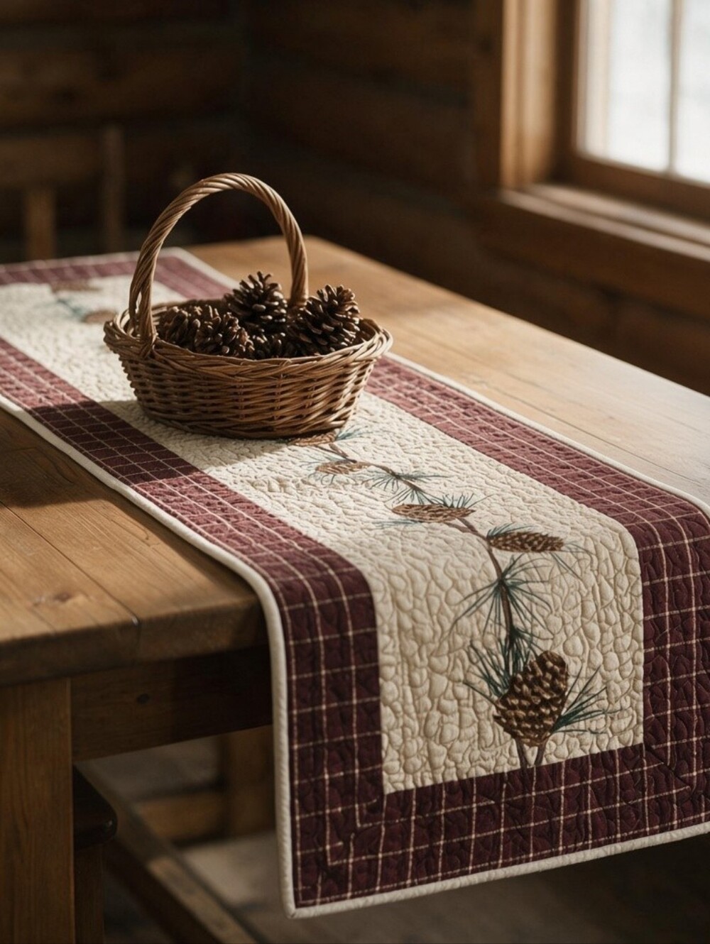 Quilted Pinecone Table Runner Rustic Cabin Lodge Decor Brown Plaid Border 15X58"
